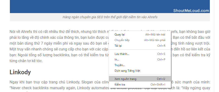 Bước 1 để "Xem nguồn trang"